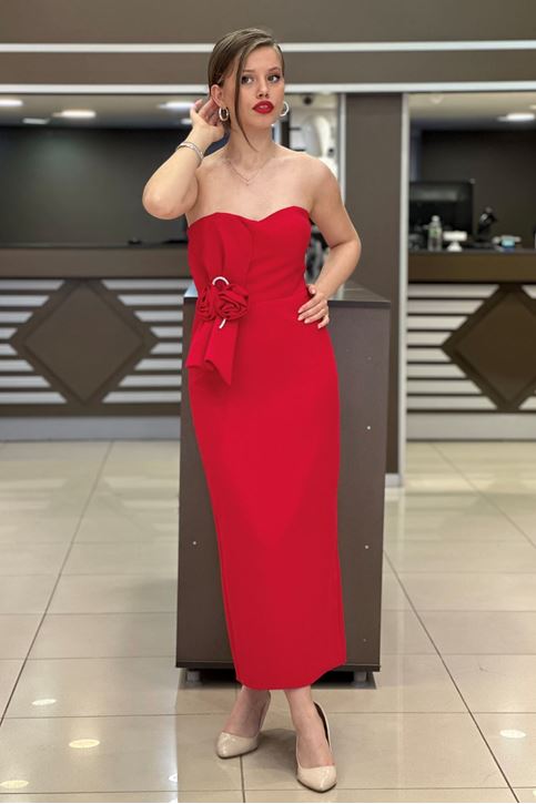 Fiyonk Taş Detay Arkası Yırtmaçlı Abiye-Kırmızı