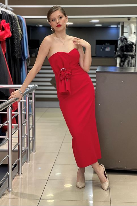 Fiyonk Taş Detay Arkası Yırtmaçlı Abiye-Kırmızı