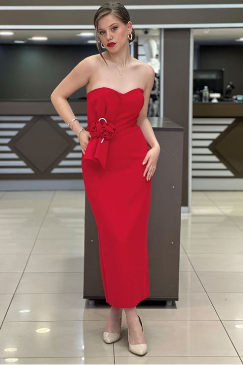 Fiyonk Taş Detay Arkası Yırtmaçlı Abiye-Kırmızı