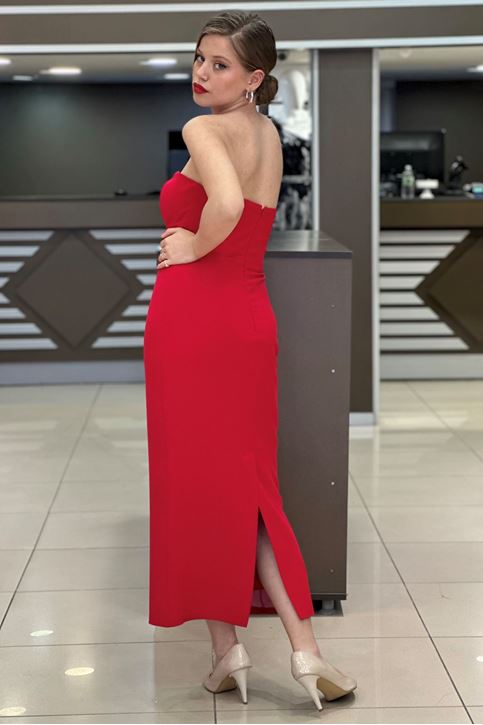 Fiyonk Taş Detay Arkası Yırtmaçlı Abiye-Kırmızı