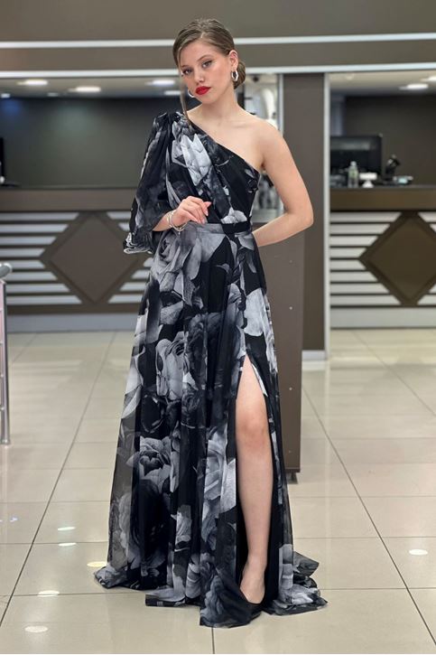 Tek Omuz Açık Gül Desenli Abiye-Siyah