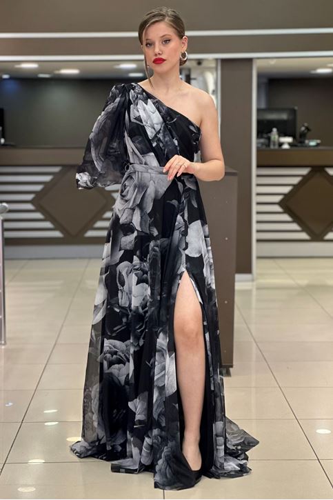 Tek Omuz Açık Gül Desenli Abiye-Siyah