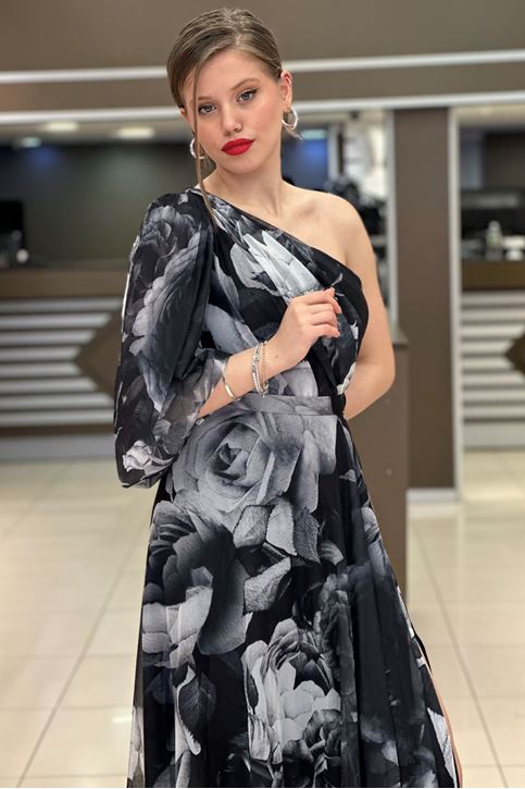 Tek Omuz Açık Gül Desenli Abiye-Siyah