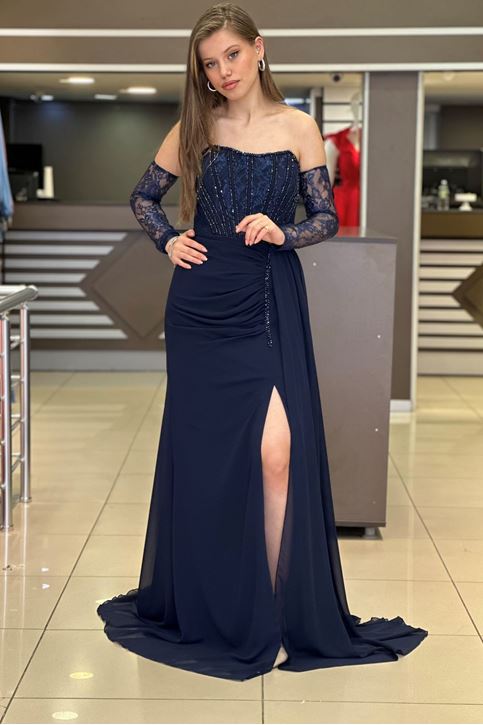 Bel Korse Taş Detay Yırtmaçlı Abiye-Lacivert