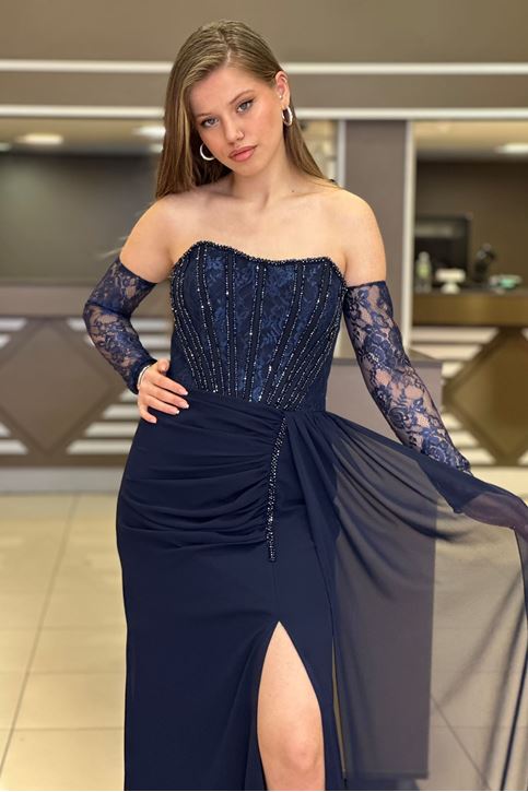 Bel Korse Taş Detay Yırtmaçlı Abiye-Lacivert