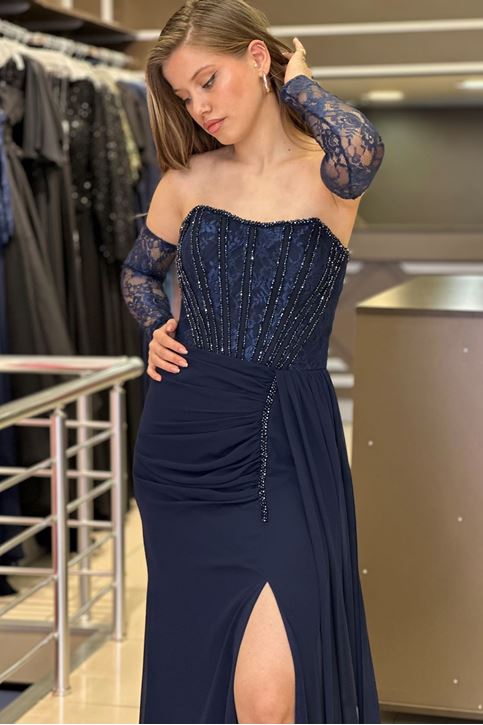 Bel Korse Taş Detay Yırtmaçlı Abiye-Lacivert