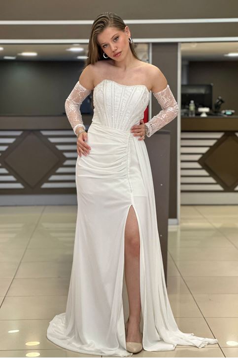 Bel Korse Taş Detay Yırtmaçlı Abiye-Beyaz