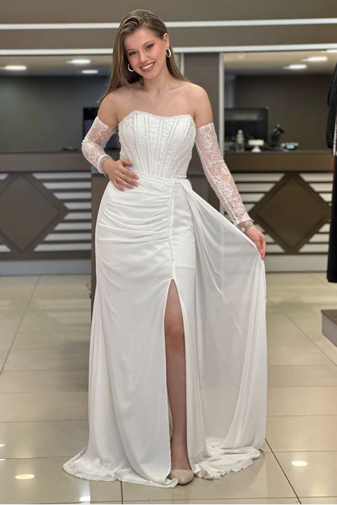 Bel Korse Taş Detay Yırtmaçlı Abiye-Beyaz