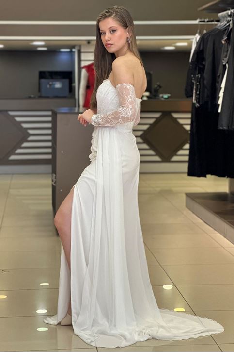 Bel Korse Taş Detay Yırtmaçlı Abiye-Beyaz