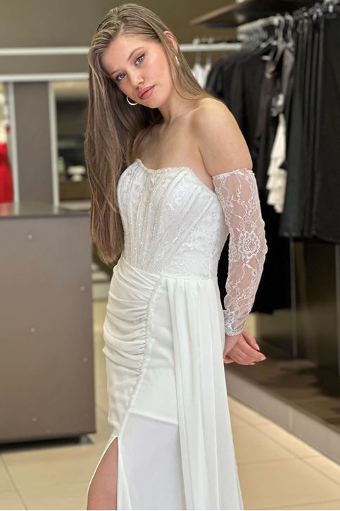 Bel Korse Taş Detay Yırtmaçlı Abiye-Beyaz