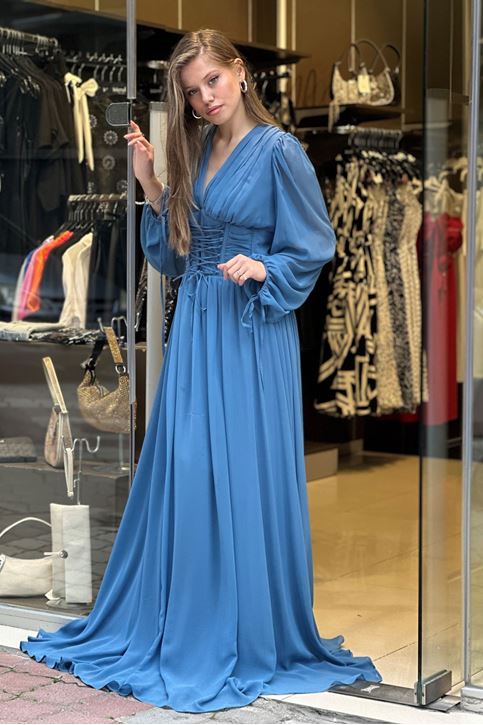 Bel Korse Pile Detay Uzun Abiye-Mavi