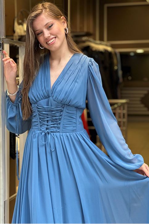 Bel Korse Pile Detay Uzun Abiye-Mavi