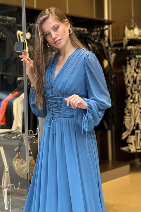 Bel Korse Pile Detay Uzun Abiye-Mavi