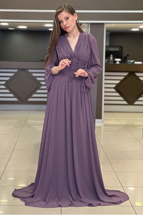 Bel Korse Pile Detay Uzun Abiye-Gül Kurusu