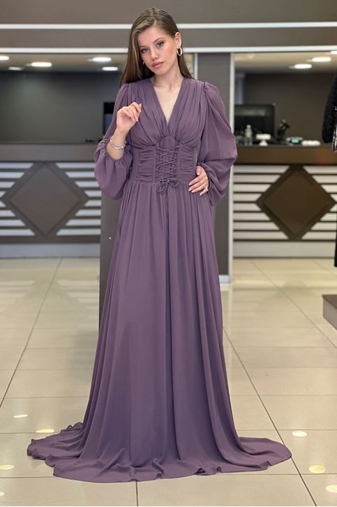 Bel Korse Pile Detay Uzun Abiye-Gül Kurusu