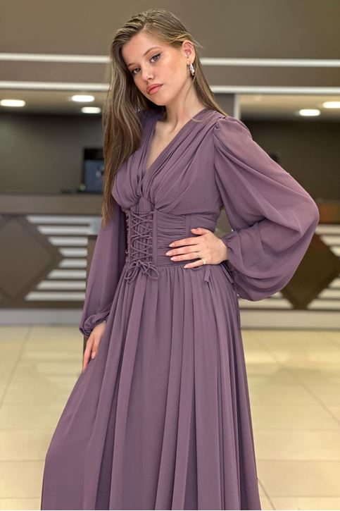 Bel Korse Pile Detay Uzun Abiye-Gül Kurusu