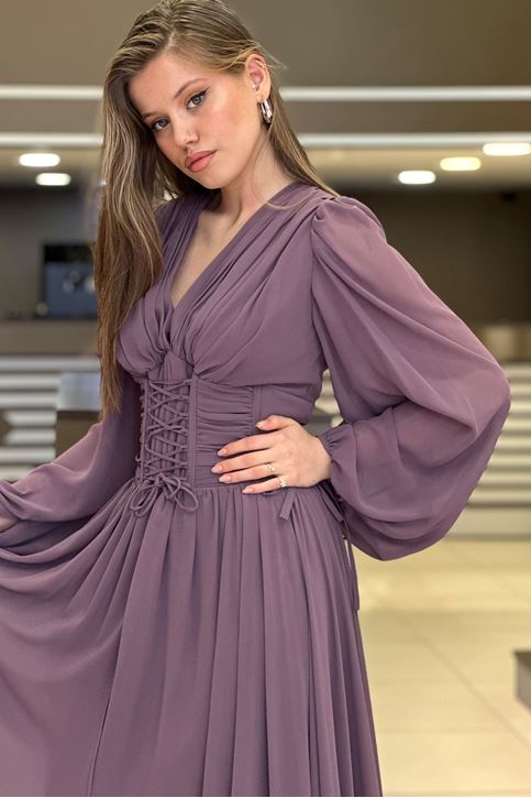 Bel Korse Pile Detay Uzun Abiye-Gül Kurusu