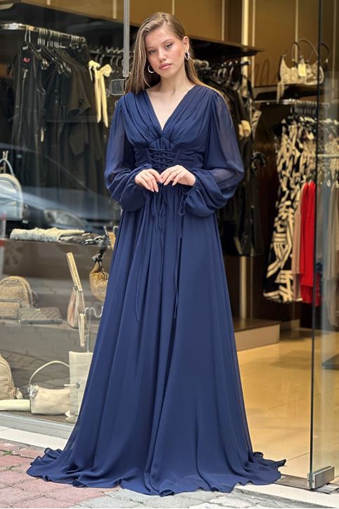 Bel Korse Pile Detay Uzun Abiye-Lacivert