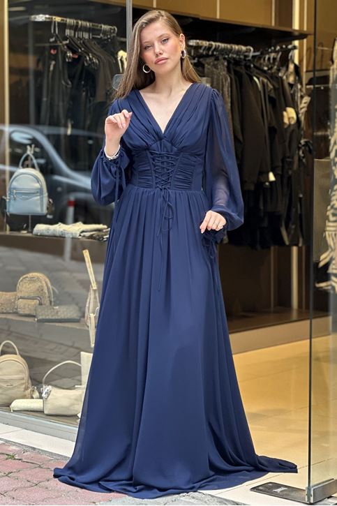 Bel Korse Pile Detay Uzun Abiye-Lacivert