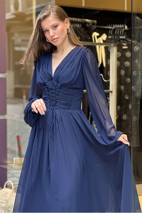 Bel Korse Pile Detay Uzun Abiye-Lacivert