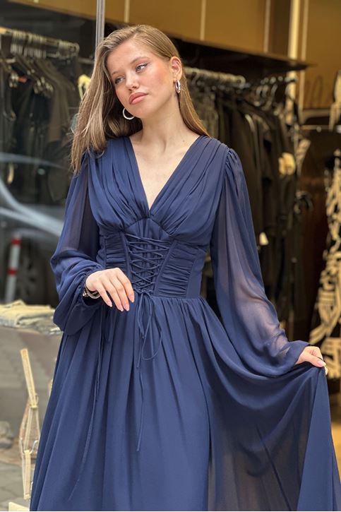 Bel Korse Pile Detay Uzun Abiye-Lacivert