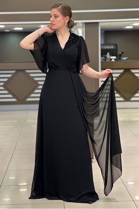 Yaka Ve Bel Taş İşlemeli Abiye-Siyah