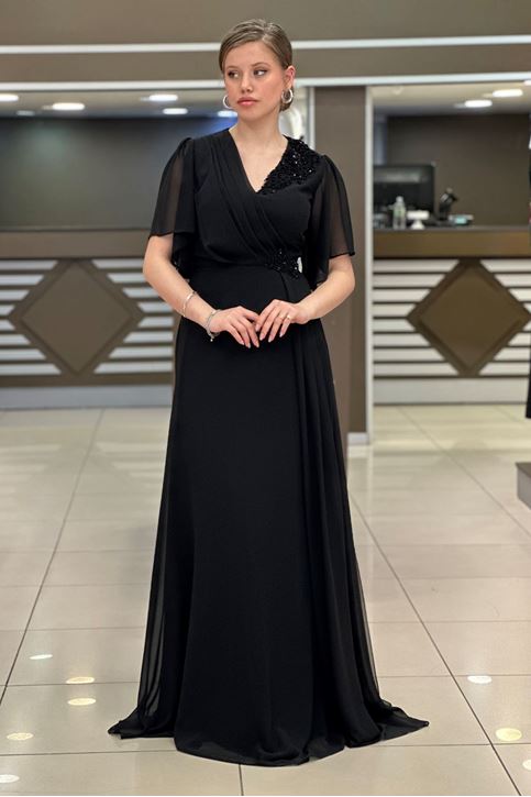 Yaka Ve Bel Taş İşlemeli Abiye-Siyah