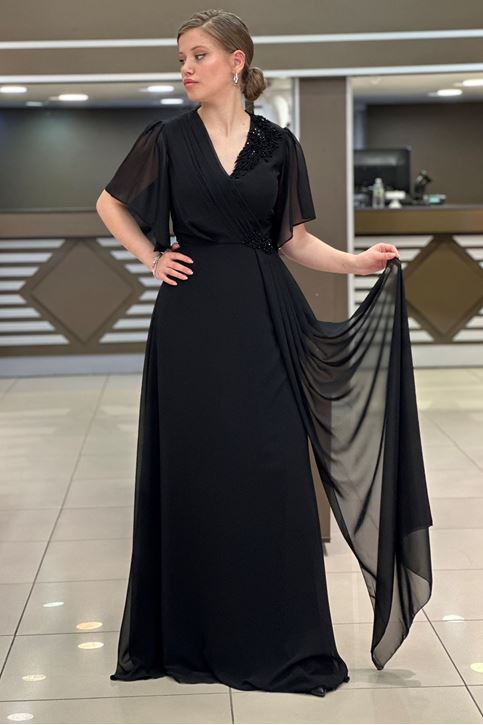 Yaka Ve Bel Taş İşlemeli Abiye-Siyah