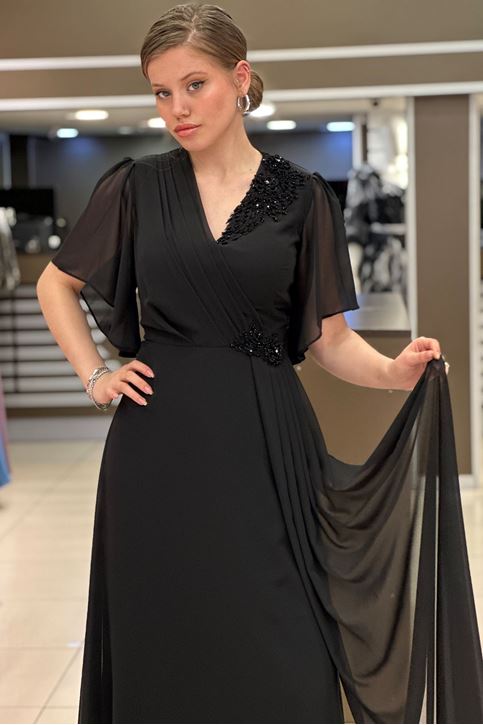 Yaka Ve Bel Taş İşlemeli Abiye-Siyah