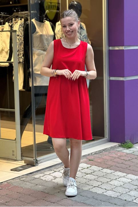 Sıfır Kol Tensel Doku Elbise-Kırmızı