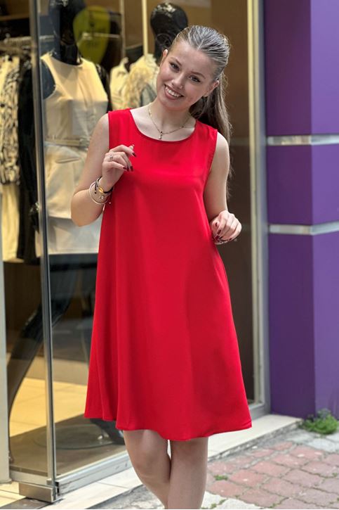 Sıfır Kol Tensel Doku Elbise-Kırmızı