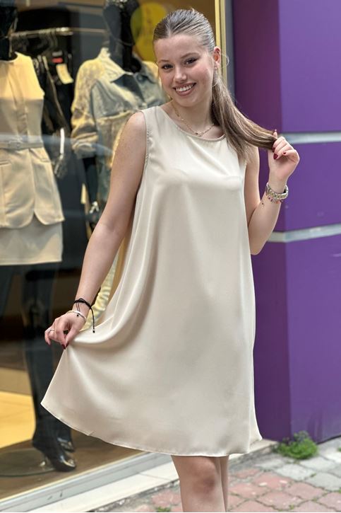 Sıfır Kol Tensel Doku Elbise-Krem