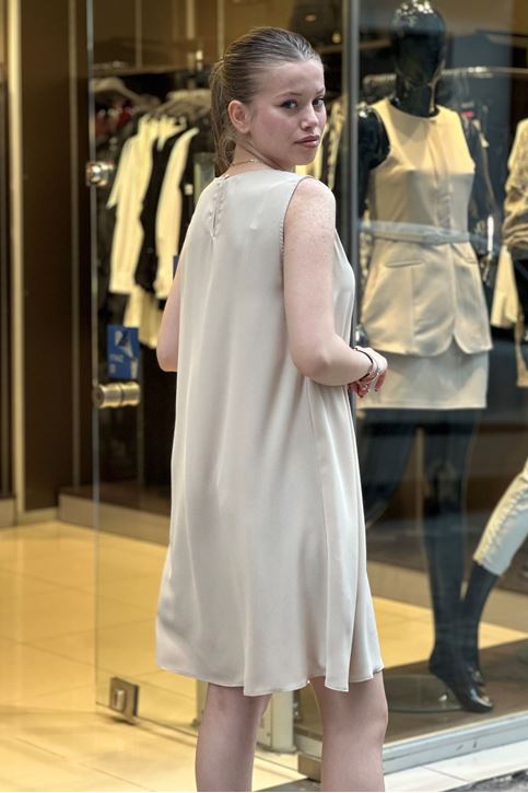 Sıfır Kol Tensel Doku Elbise-Krem