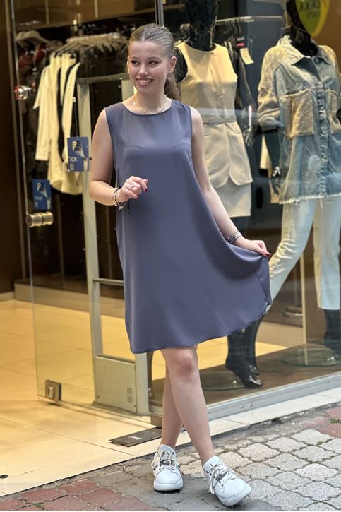 Sıfır Kol Tensel Doku Elbise-Gri