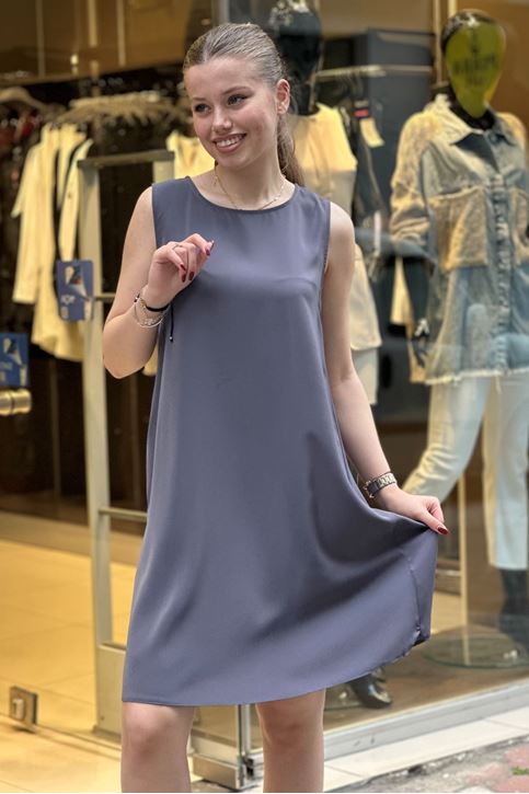 Sıfır Kol Tensel Doku Elbise-Gri