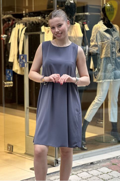 Sıfır Kol Tensel Doku Elbise-Gri