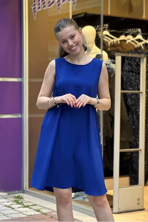 Sıfır Kol Tensel Doku Elbise-Saksmavi