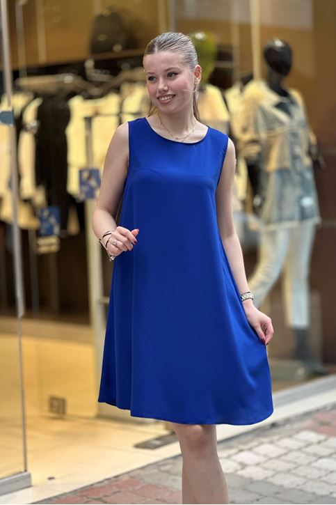 Sıfır Kol Tensel Doku Elbise-Saksmavi