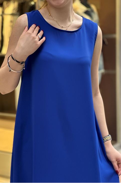 Sıfır Kol Tensel Doku Elbise-Saksmavi