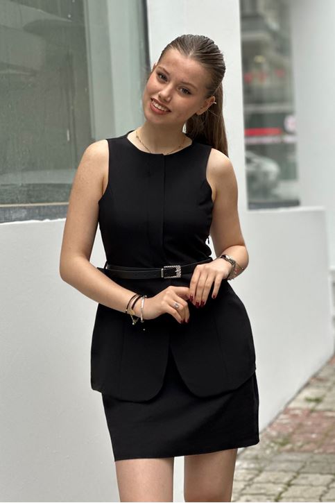 Takım Görünümlü Kemerli Elbise-Siyah