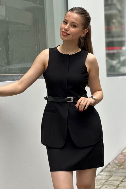 Takım Görünümlü Kemerli Elbise-Siyah