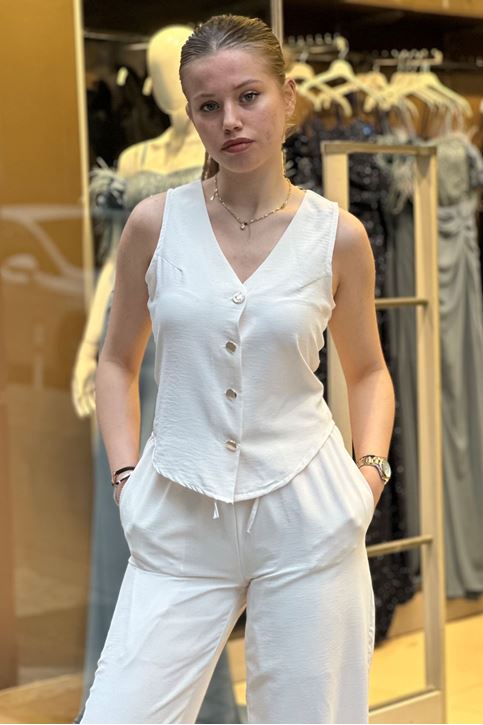 Yelek Bol Paça Pantolonlu İkili Takım-Krem