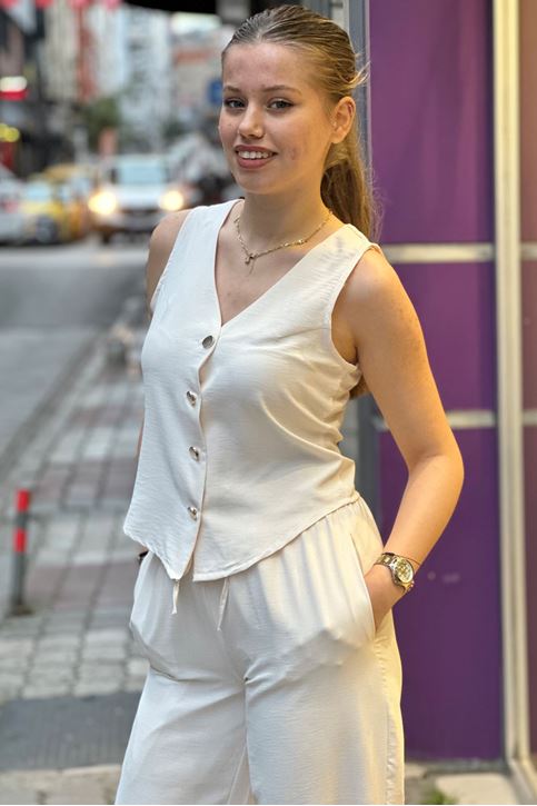 Yelek Bol Paça Pantolonlu İkili Takım-Krem