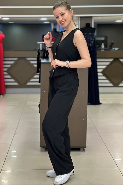 Yelek Bol Paça Pantolonlu İkili Takım-Siyah