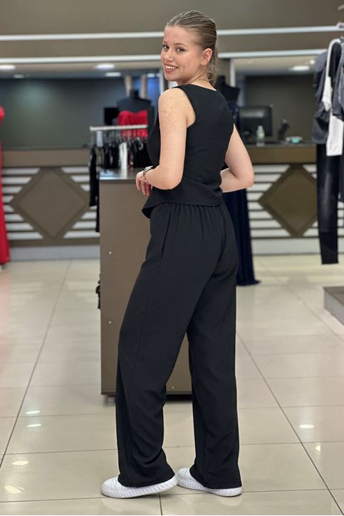 Yelek Bol Paça Pantolonlu İkili Takım-Siyah