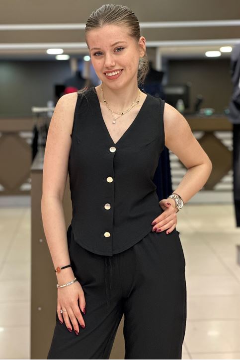 Yelek Bol Paça Pantolonlu İkili Takım-Siyah