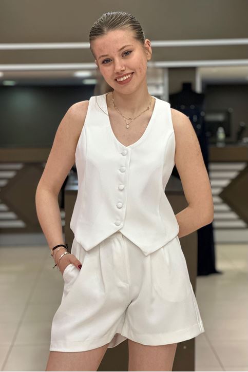 Yelekli Şortlu Kumaş İkili Takım-Beyaz