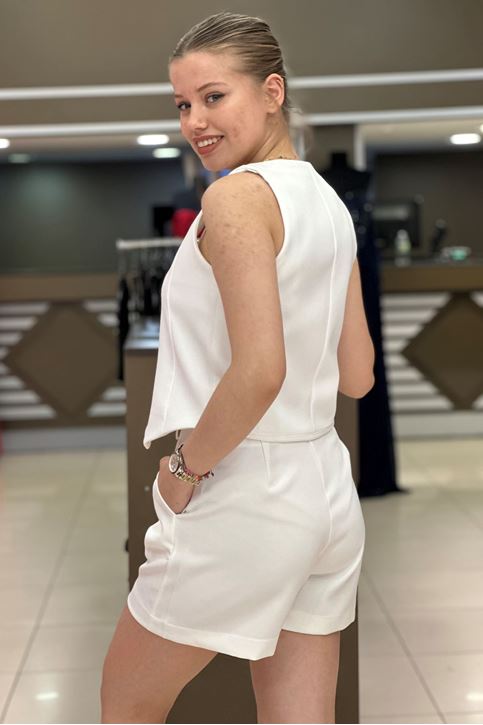 Yelekli Şortlu Kumaş İkili Takım-Beyaz