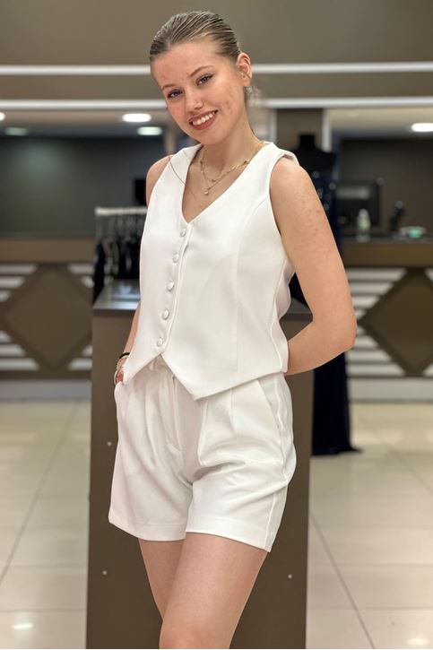 Yelekli Şortlu Kumaş İkili Takım-Beyaz