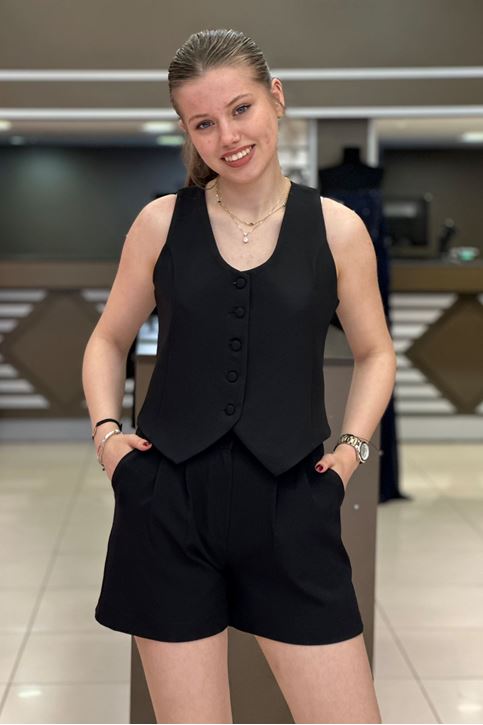 Yelekli Şortlu Kumaş İkili Takım-Siyah